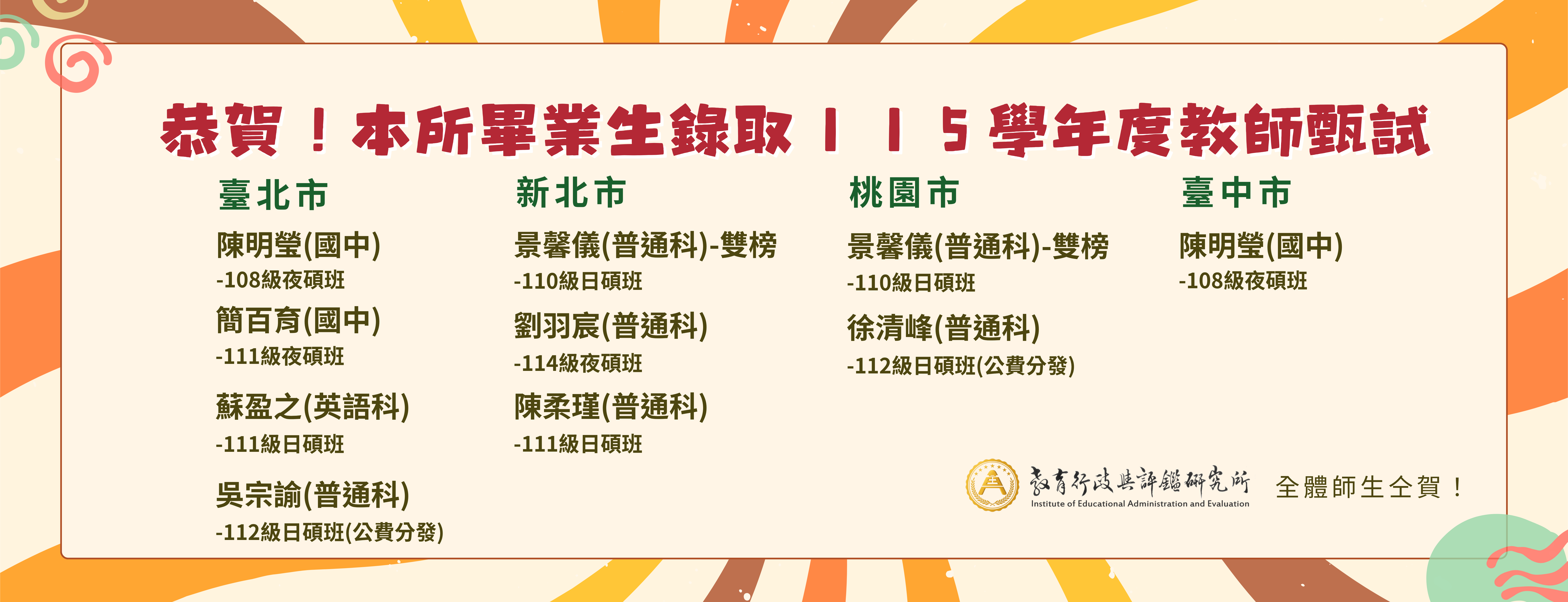 錄取115學年度國民中小學暨幼兒園教師甄試