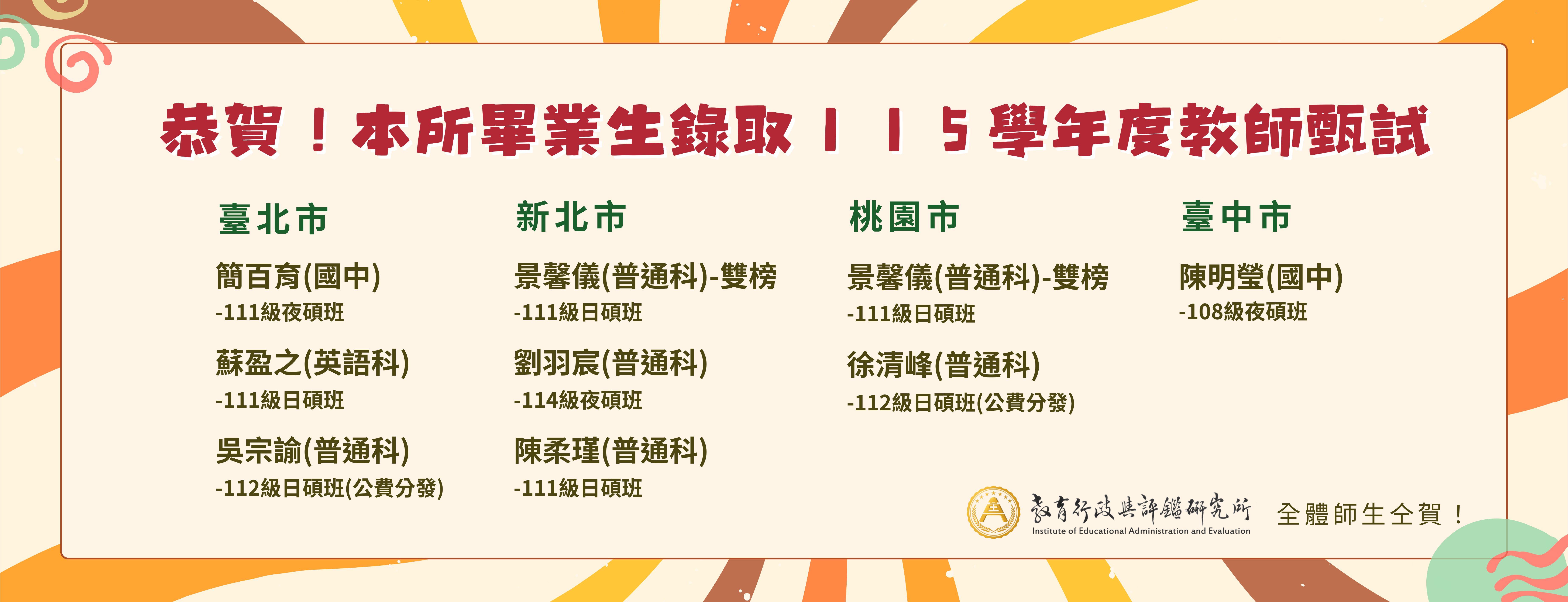錄取115學年度國民中小學暨幼兒園教師甄試